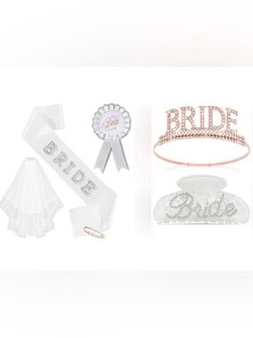 Bridal Shower Bachelorette Party Bride Celebration Tiara Sash Pin Veil Bundle